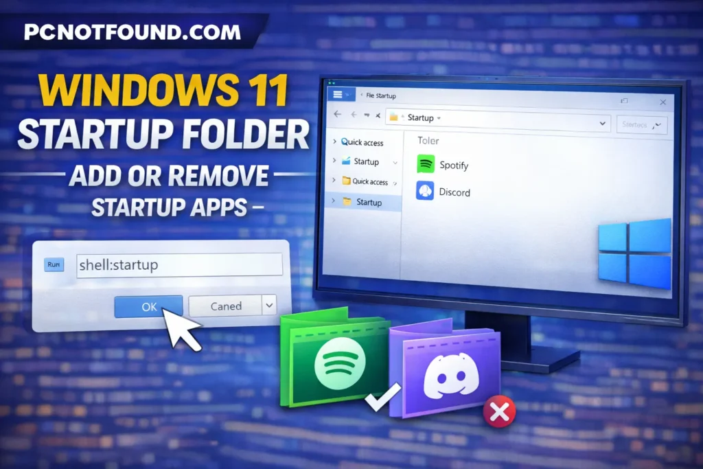 Windows 11 startup folder showing how to add or remove startup apps