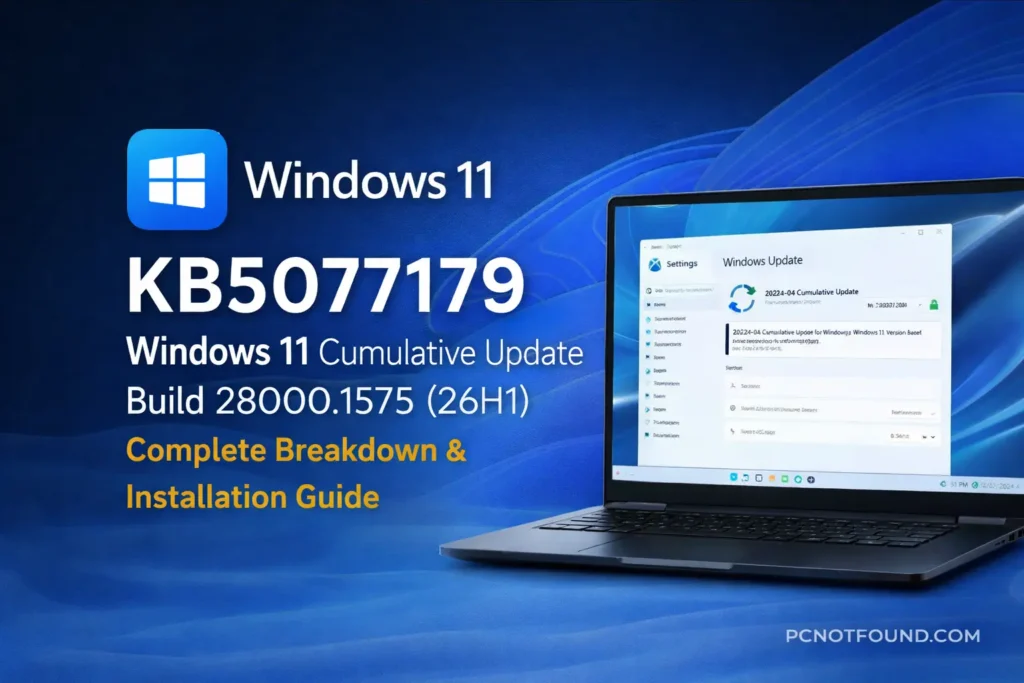 KB5077179 Windows 11 cumulative update Build 28000.1575 (26H1) installation guide featured image with PCNOTFOUND.COM