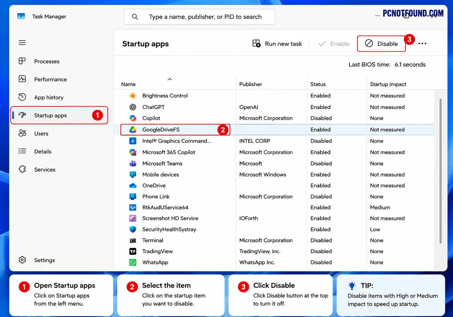 Disable Startup App pcnotfound.com