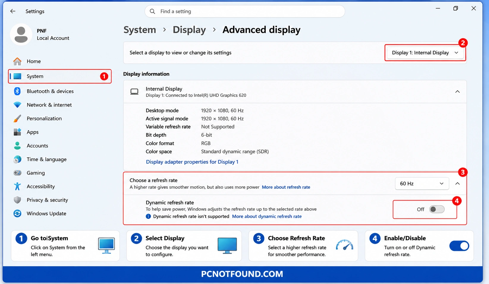 Windows 11 Advanced Display settings tutorial showing how to enable Dynamic Refresh Rate and adjust refresh rate settings for smoother performance and improved battery life – PCNOTFOUND.COM