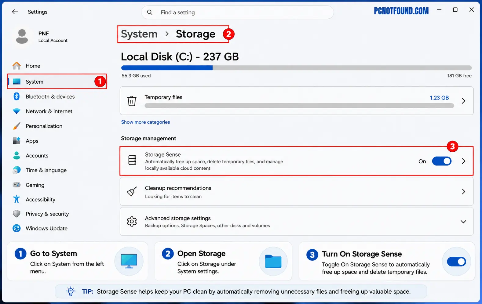 Enable Storage Sense in windows setting