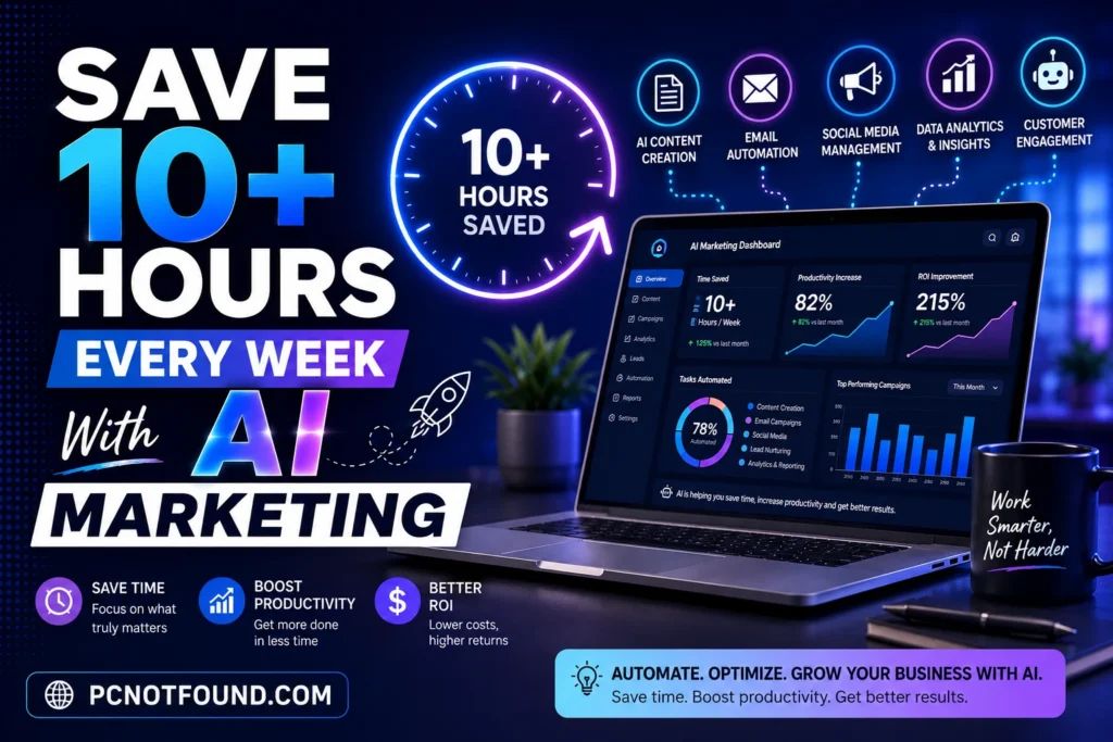 AI marketing dashboard showing 10+ hours saved every week with automation, productivity growth, and better ROI using AI marketing tools