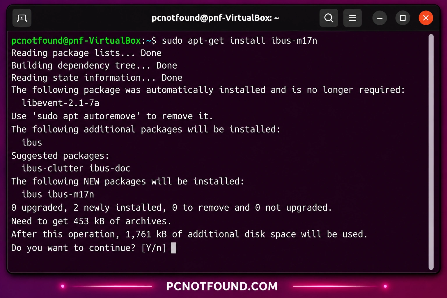 Ubuntu terminal window showing the command sudo apt-get install ibus-m17n with package installation details and PCNOTFOUND.COM