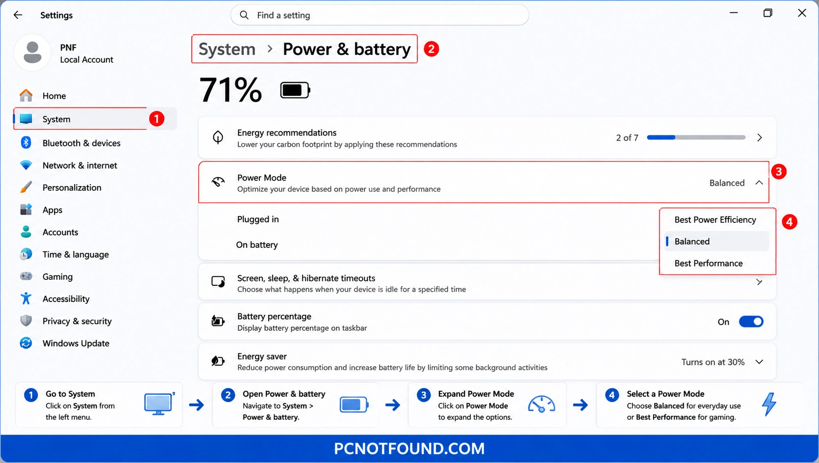 Windows 11 Power and Battery settings tutorial showing how to open Power Mode and switch between Balanced and Best Performance modes to improve system speed and performance – PCNOTFOUND.COM