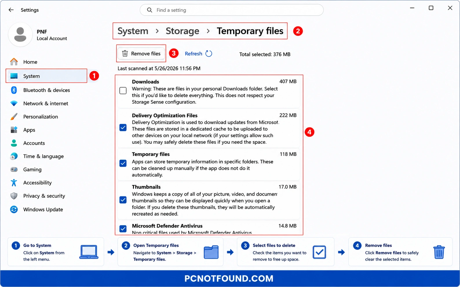 Windows 11 Storage settings tutorial showing how to open System > Storage > Temporary files, select unnecessary files, and remove temporary data to free disk space and improve performance – PCNOTFOUND.COM