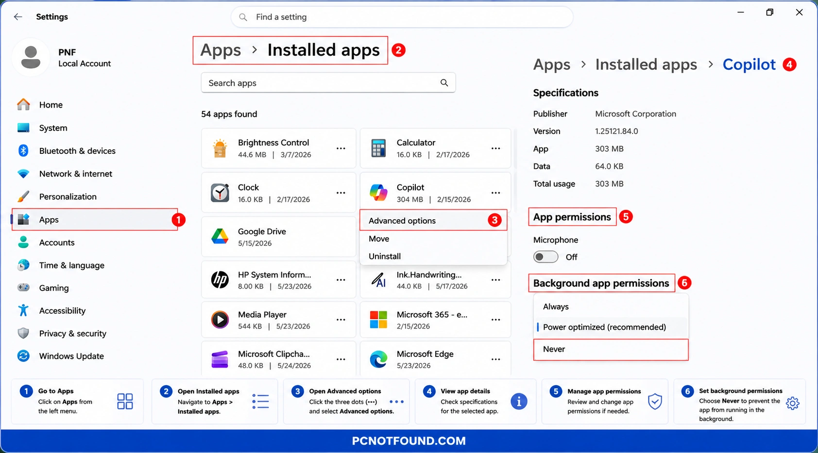 Windows 11 Installed Apps settings tutorial showing how to open Advanced Options and set Background App Permissions to Never for improved performance and reduced resource usage – PCNOTFOUND.COM