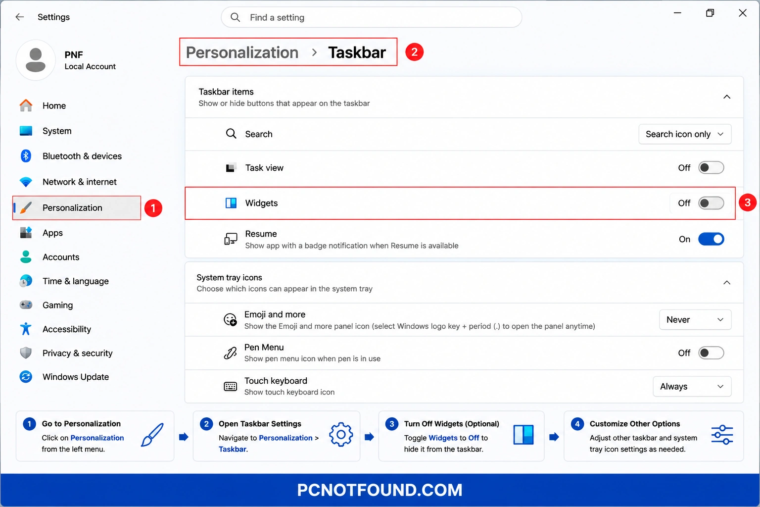 Windows 11 Taskbar settings tutorial showing how to open Personalization > Taskbar and disable Widgets to reduce background activity and improve system performance – PCNOTFOUND.COM