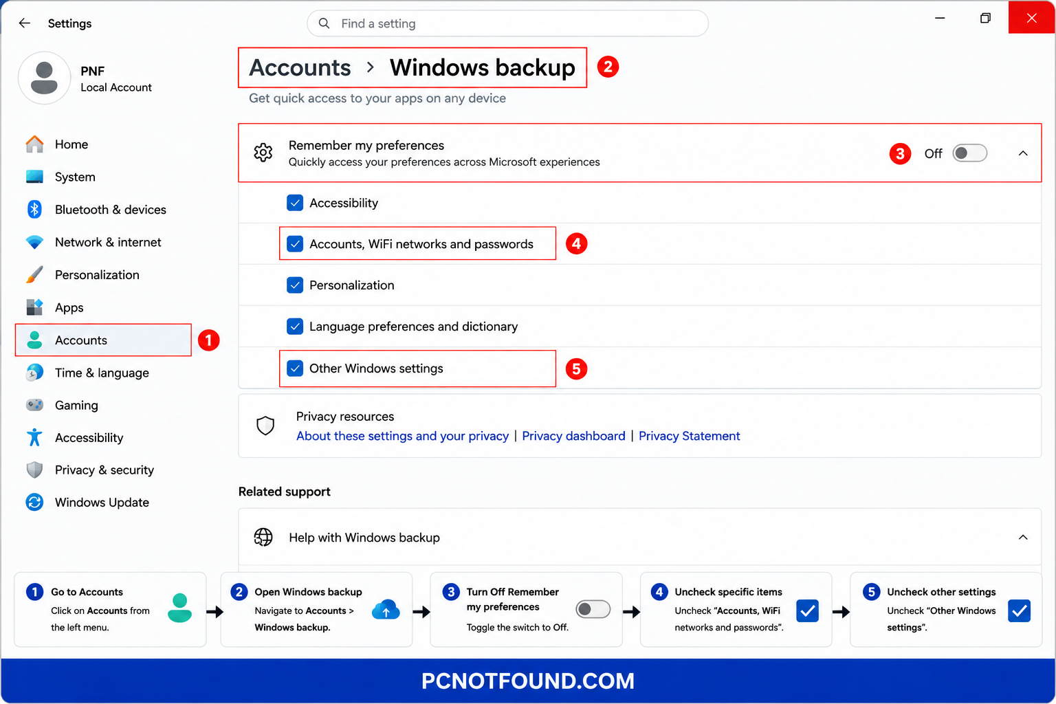 Windows 11 Accounts and Windows Backup settings tutorial showing how to disable Remember My Preferences and turn off syncing options like WiFi passwords, personalization, and other Windows settings – PCNOTFOUND.COM