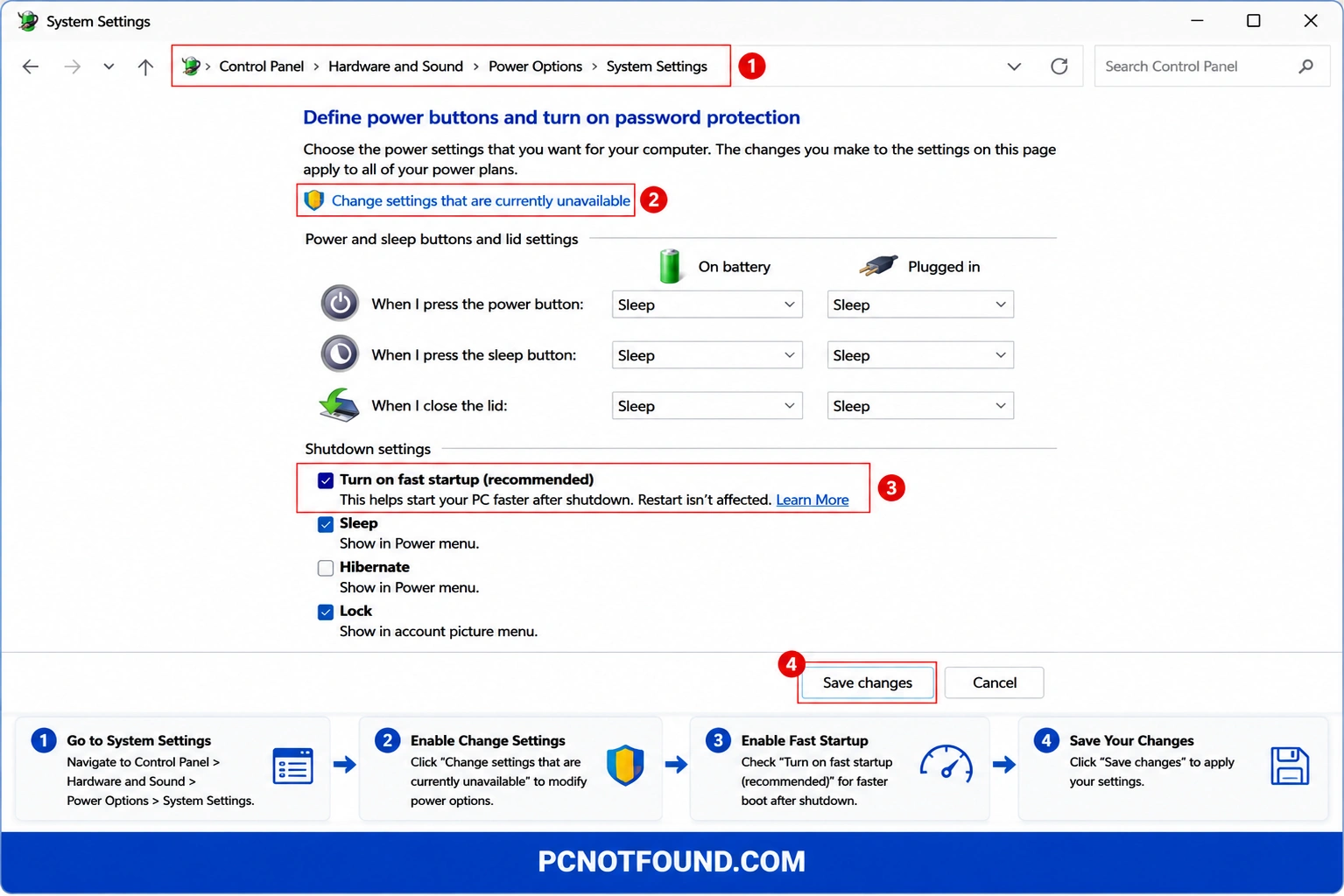 Windows 11 Control Panel Power Options tutorial showing how to enable Fast Startup from System Settings to reduce boot time and improve startup performance – PCNOTFOUND.COM