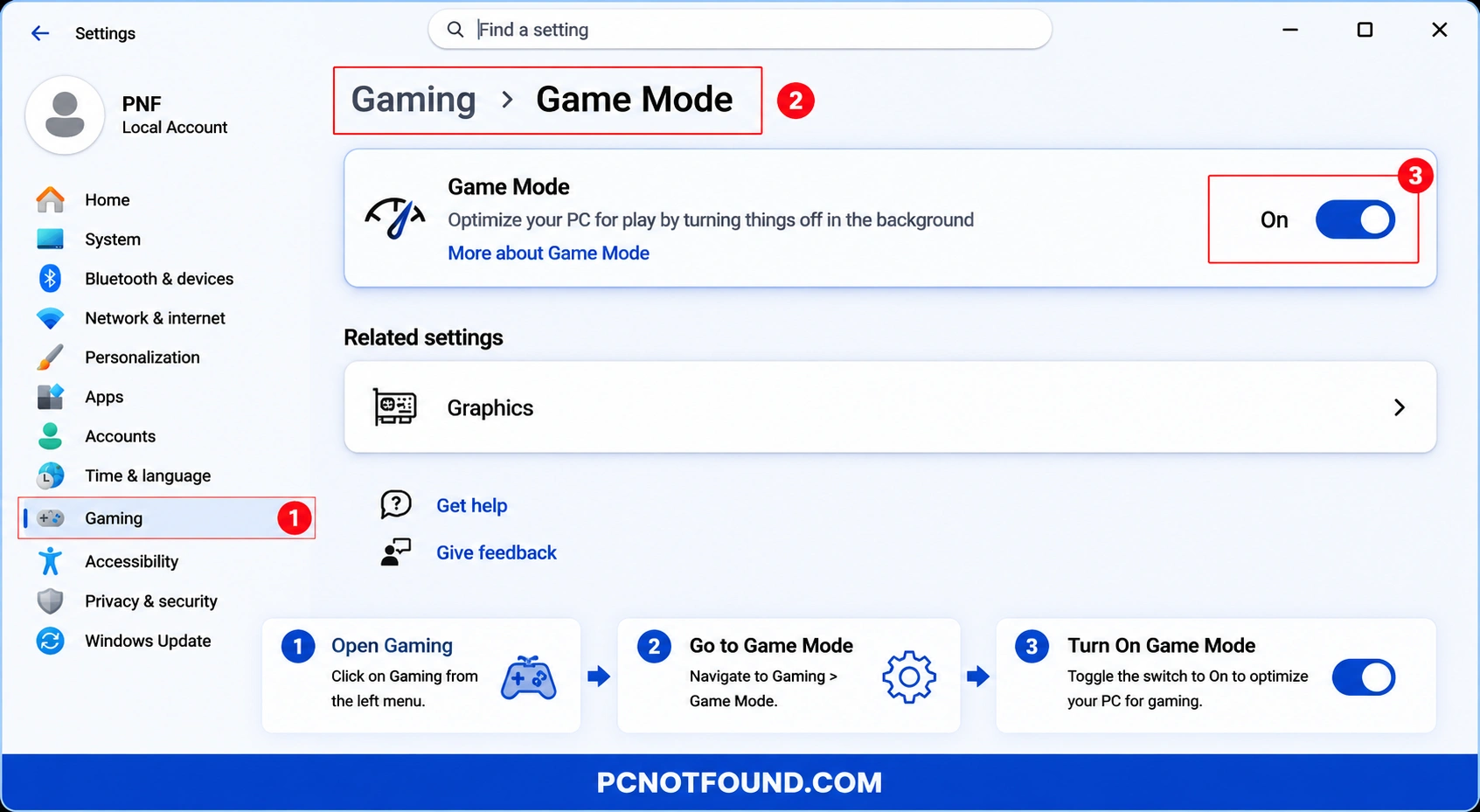 Windows 11 Game Mode settings tutorial showing how to enable Game Mode from Gaming settings to improve gaming performance, reduce background activity, and optimize system resources – PCNOTFOUND.COM