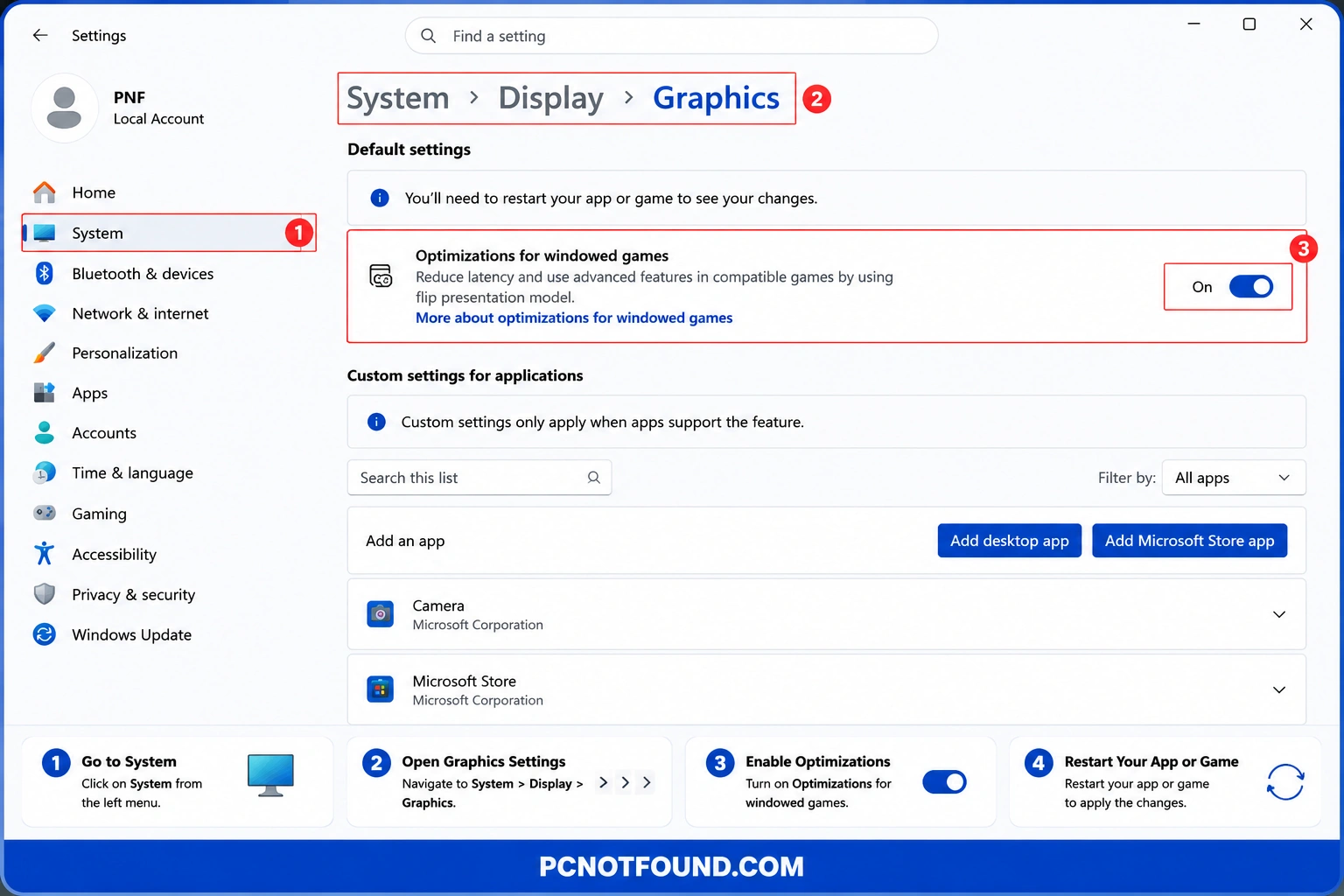 Windows 11 Graphics settings tutorial showing how to enable Optimizations for Windowed Games under System > Display > Graphics to improve gaming performance and reduce latency – PCNOTFOUND.COM