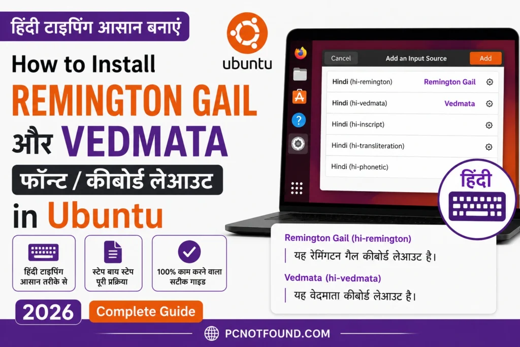 Ubuntu Linux Hindi keyboard setup showing Remington Gail and Vedmata input source installation tutorial for Unicode Hindi typing in 2026