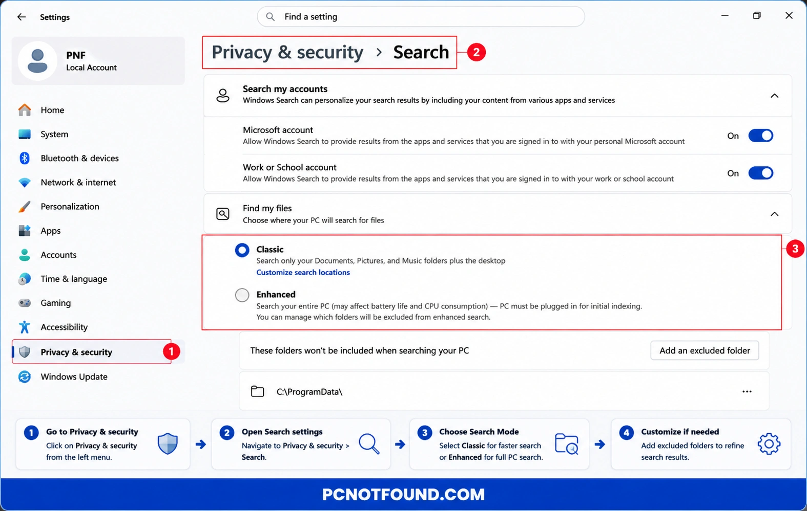 Windows 11 Privacy and Security Search settings tutorial showing how to switch between Classic and Enhanced search indexing modes to improve search performance and reduce system resource usage – PCNOTFOUND.COM