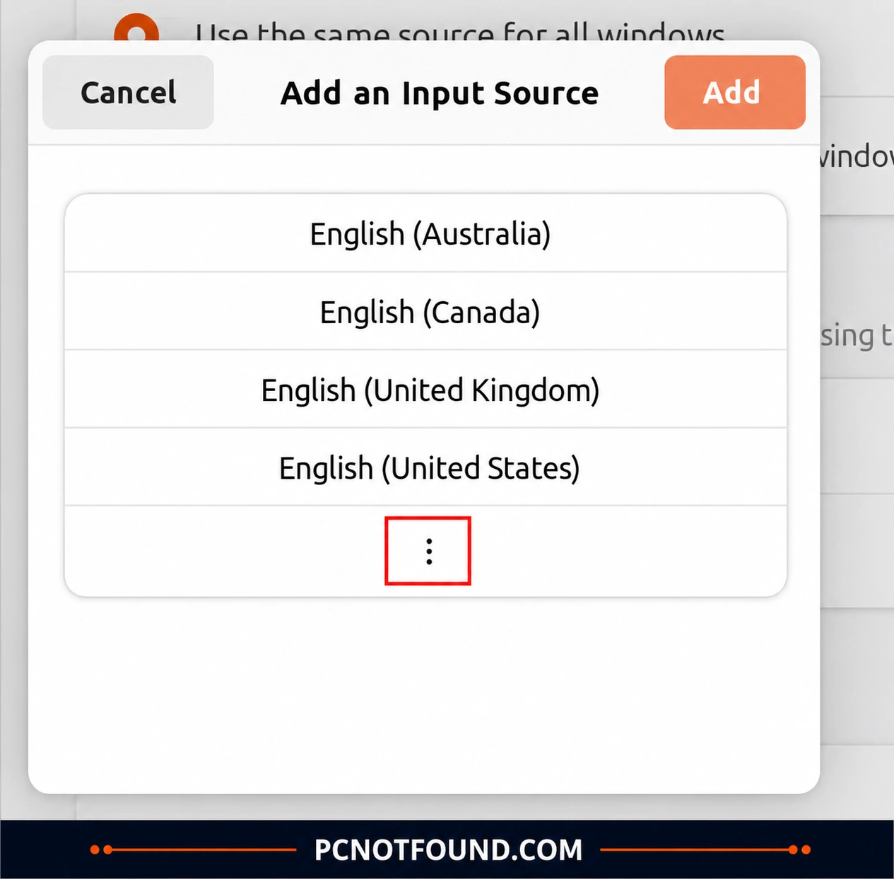 Ubuntu 24.04 keyboard input source settings window showing the Add Input Source dialog with English language variants